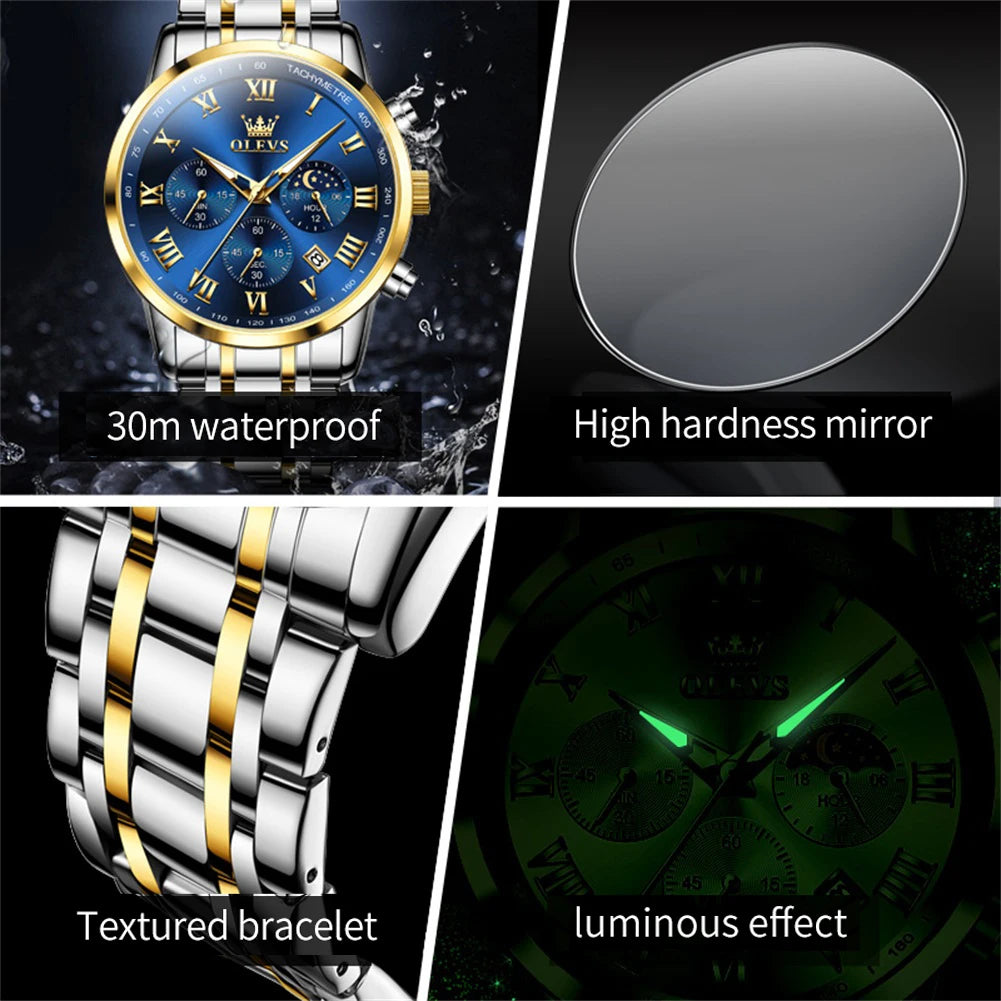 Moon Phase Quartz Watch Stainless Date Waterproof OLEVS Luxury Wristwatch-