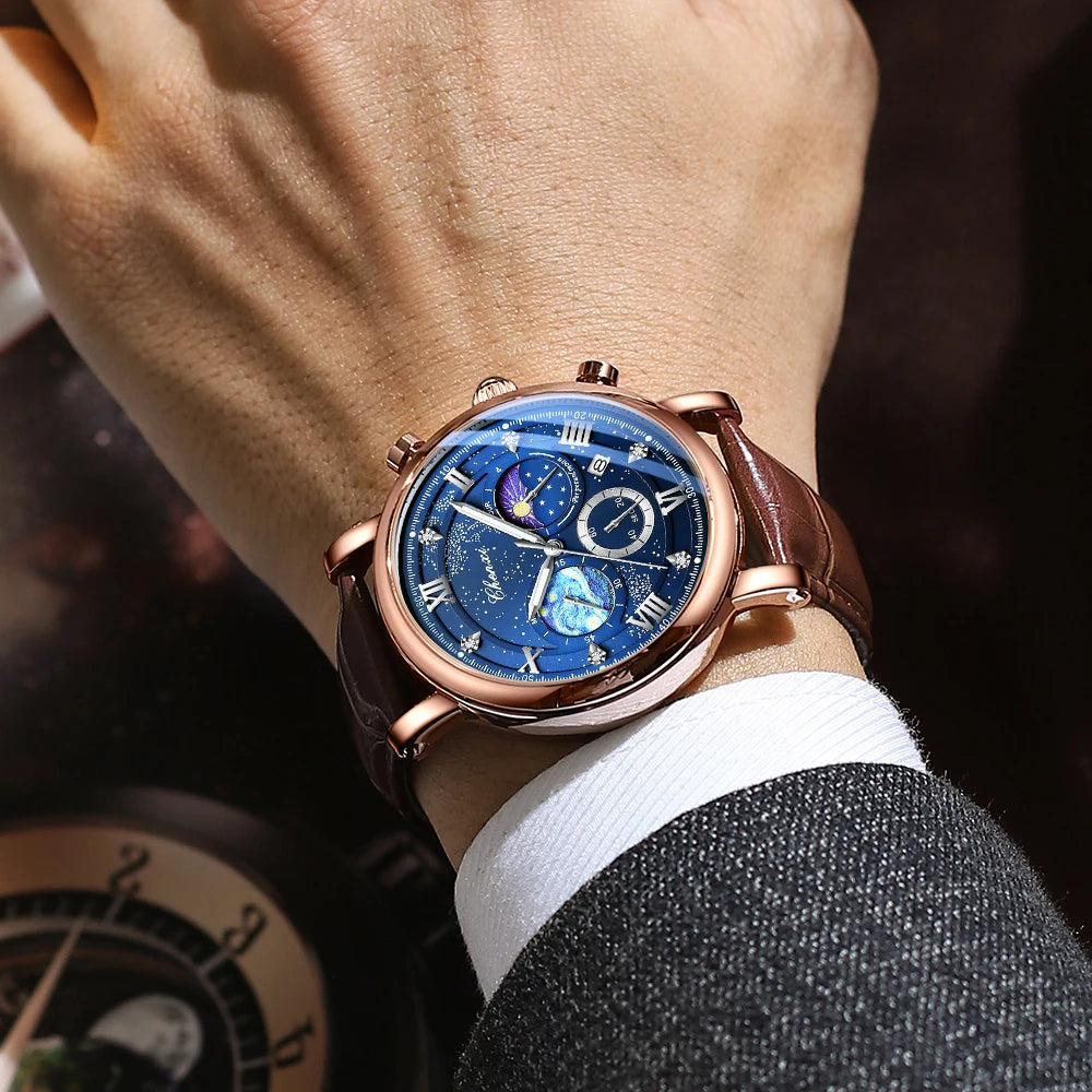 Men's Watch Luxury Leather Chronograph Date Waterproof Luminous Dial