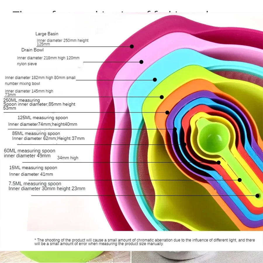 10 Pcs Plastic Mixing Bowl Set with Fruit Pattern Multifunctional Nesting Bowls with Measuring Cup and Spoons For Kitchen Baking