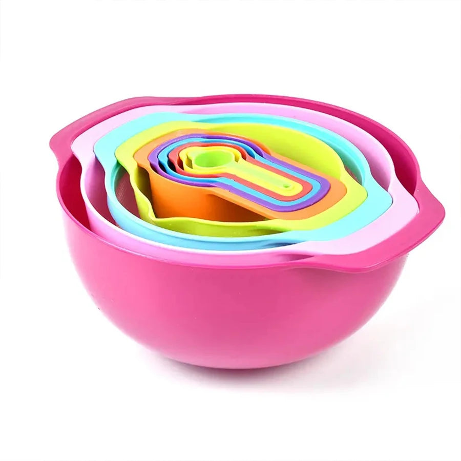 10 Pcs Plastic Mixing Bowl Set with Fruit Pattern Multifunctional Nesting Bowls with Measuring Cup and Spoons For Kitchen Baking