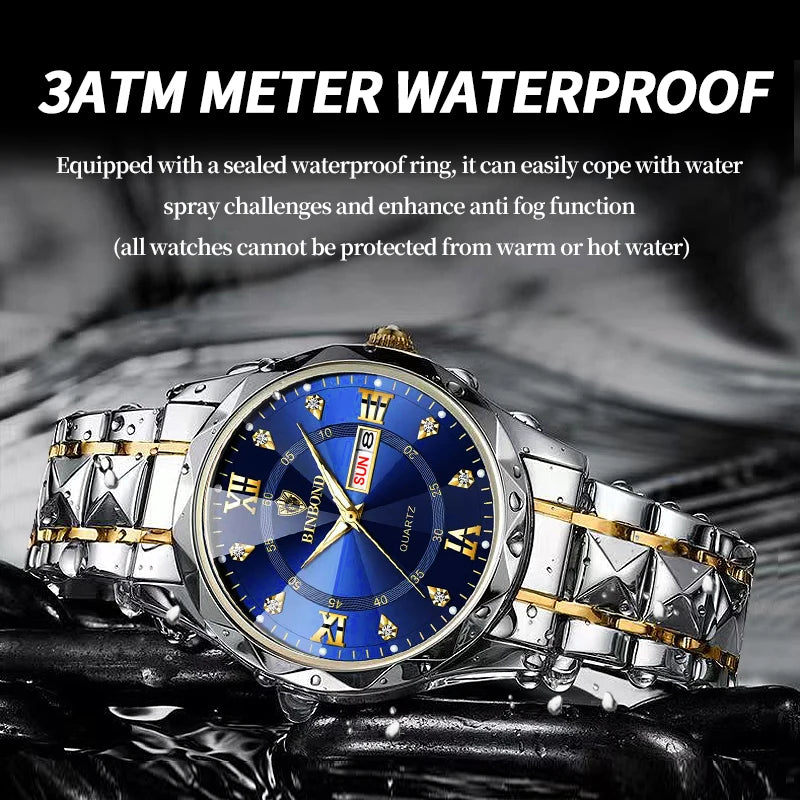 Quartz Watch Men Waterproof Date Stainless Steel by BINBOND