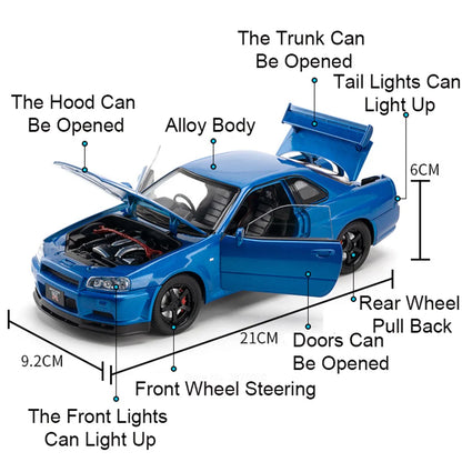 1/24 GTR-R34 Sport Car Model Diecast Sound Light Pull to Go***