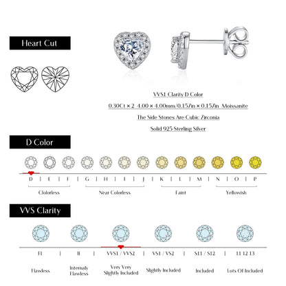 Stud Earrings Heart Cut 925 Sterling Silver.