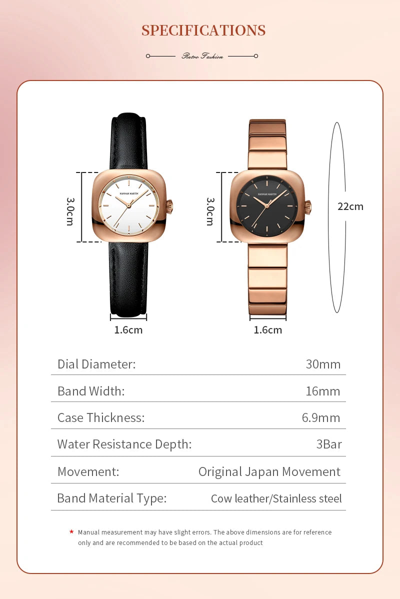 Women's Watch 30mm Square Japanese Movement Rose Gold by Hannah Martin