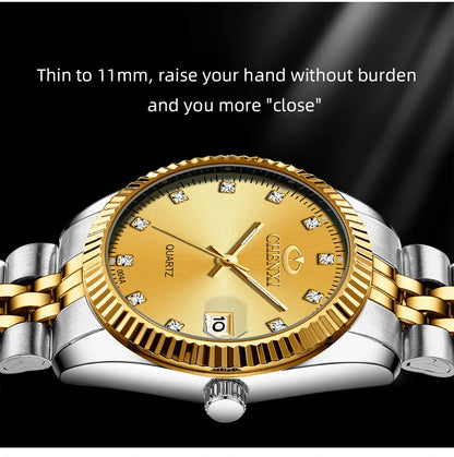 CHENXI Rhinestone Dial Golden Quartz Watch Stainless Steel + Waterproof