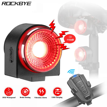 Bike Tail Light Rechargeable Waterproof Remote Control Smart Brake with Alarm