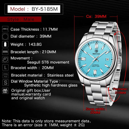 Luxury Wristwatch BENYAR Waterproof Automatic Sports Diving Watch.