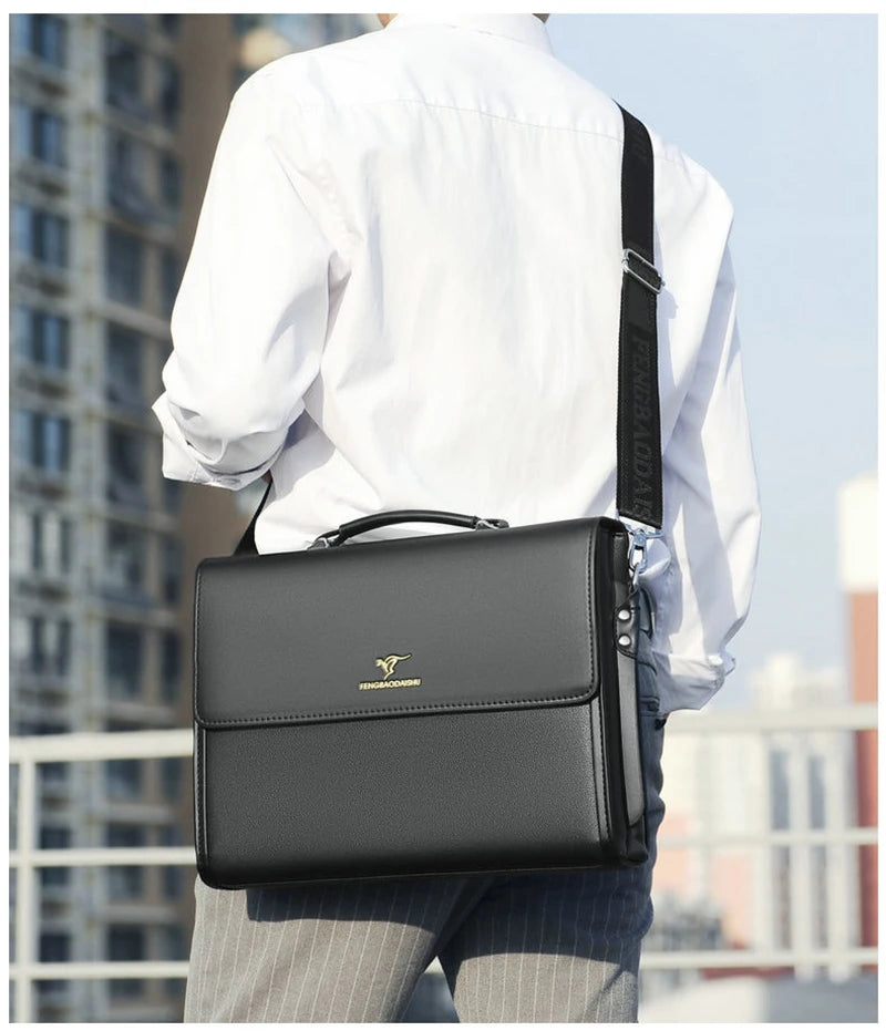 Luxury Briefcase For Business + Shoulder Strap + Top Handle. PU Leather.