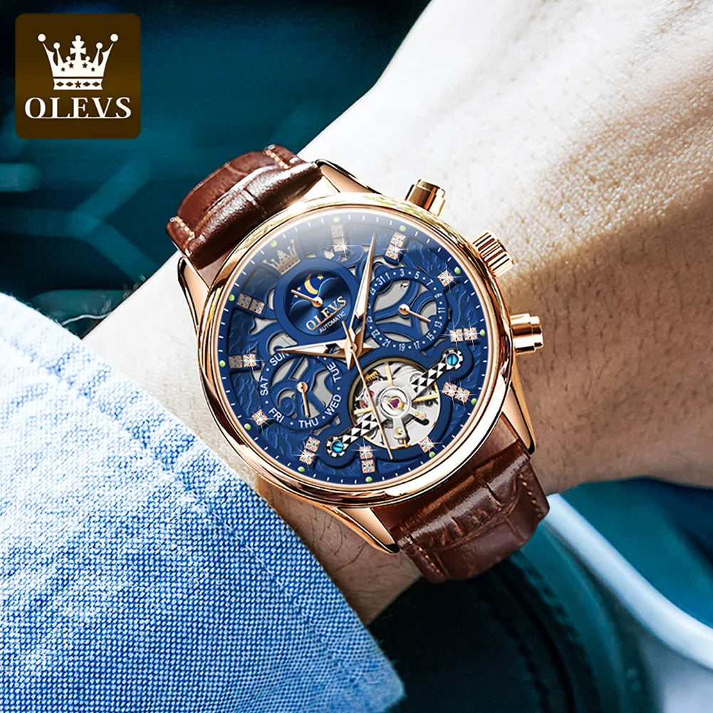 Olevs Men's Wristwatch. Moon Phase. Automatic Luxury Fashion Wristwatch.