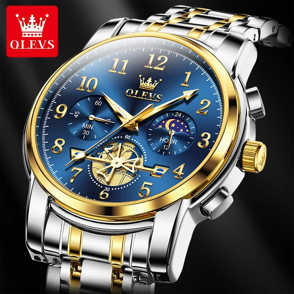 Men's watch OLEVS 2900 Moon Phase Stainless Steel Waterproof Luminous Chronograph Quartz Wristwatch