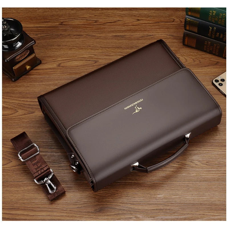 Luxury Briefcase For Business + Shoulder Strap + Top Handle. PU Leather.