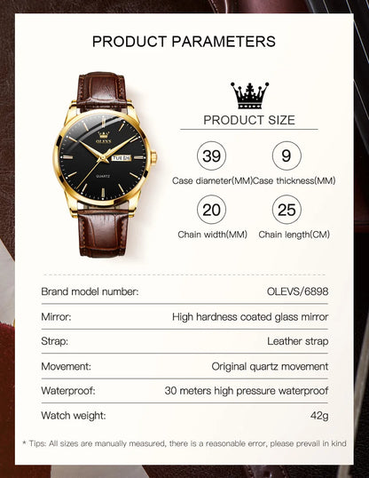 OLEVS Classic Quartz Watch for Men Waterproof Leather Strap + Calendar