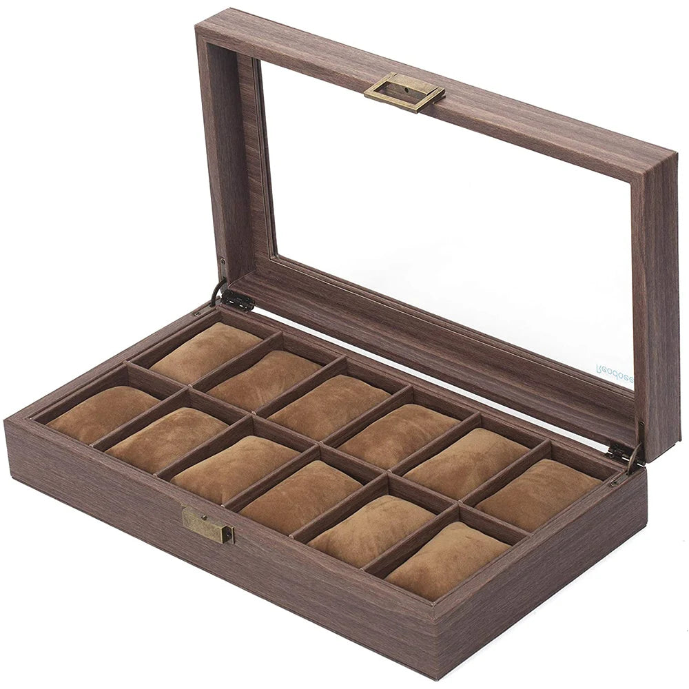 3/6/10/12  Pu Leather Watch Box Portable Travel Case Vintage Wood Buckle