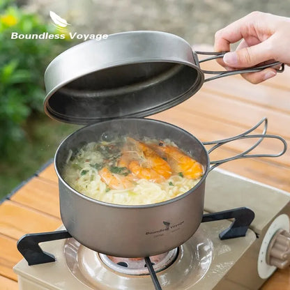 Camping Cookware Titanium Pot Pan Set with Folding Handles Outdoor Tableware