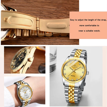 CHENXI Rhinestone Dial Golden Quartz Watch Stainless Steel + Waterproof