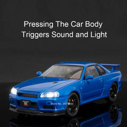 1/24 GTR-R34 Sport Car Model Diecast Sound Light Pull to Go***