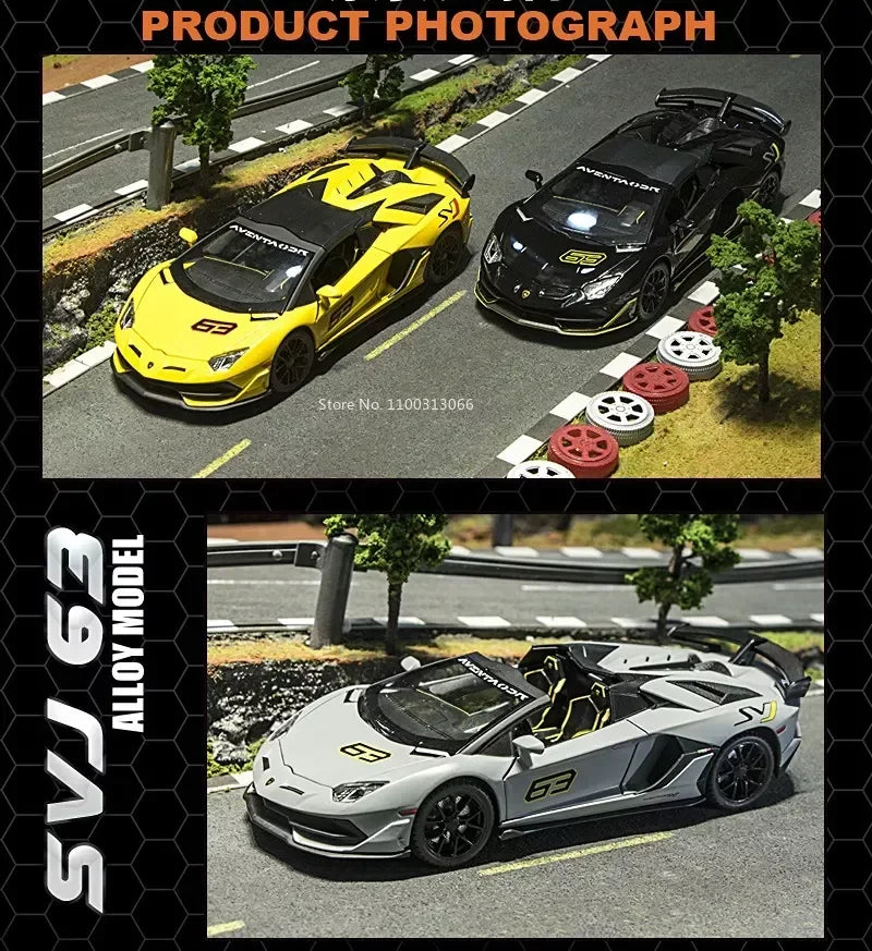 Diecast 1:24 Lambo SVJ63 Alloy Super Sports Model Sound Light Pull Back Function