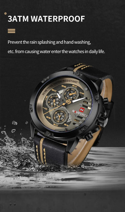 NAVIFORCE Men's Watch Waterproof 24 Hour Date Quartz + Leather Strap