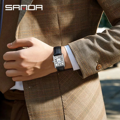 Quartz Watches Wear Resistant Leather Strap Square Dial by SANDA