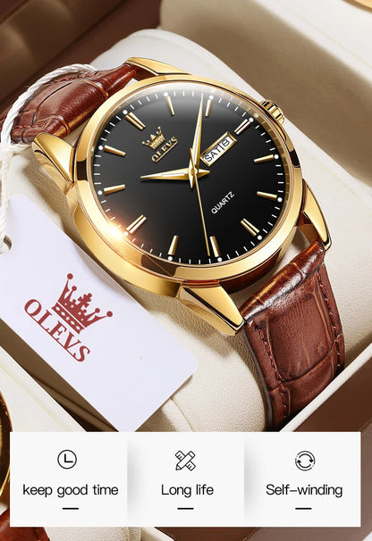 OLEVS Classic Quartz Watch for Men Waterproof Leather Strap + Calendar