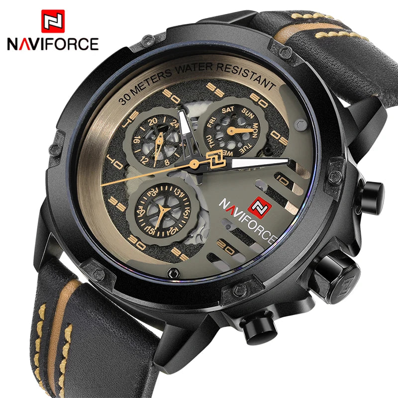 NAVIFORCE Men's Watch Waterproof 24 Hour Date Quartz + Leather Strap