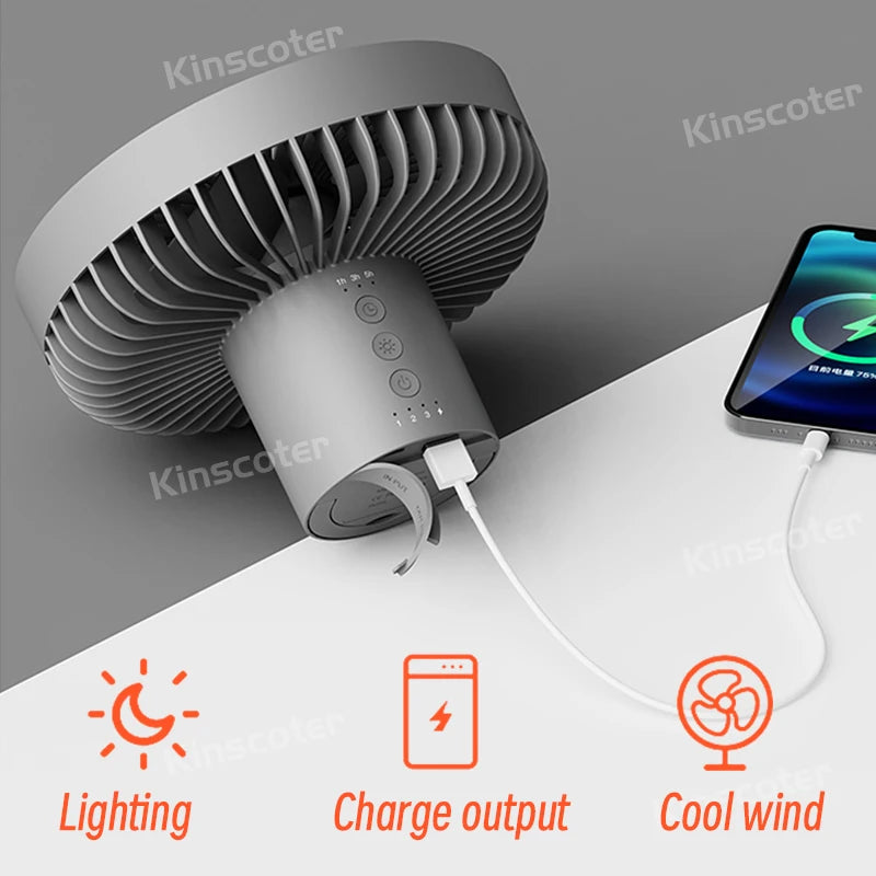 Camping Fan Power Bank + LED Light. Rechargeable & Wireless.