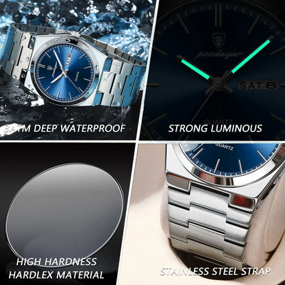 Men's Watches POEDAGAR Waterproof Luminous Date Stainless Steel Quartz