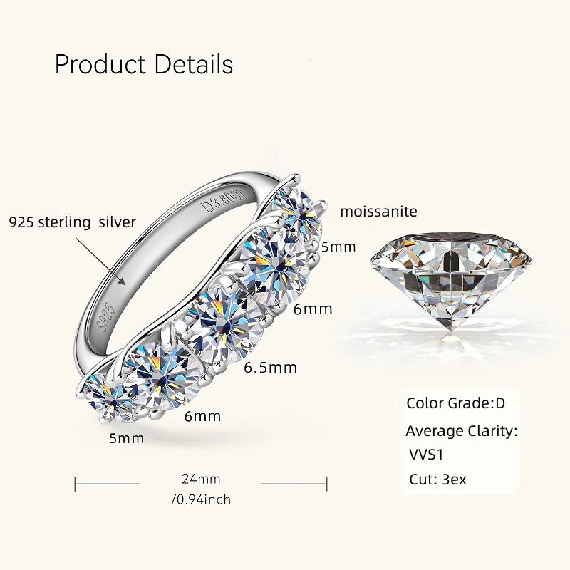 Ring Sparking D Colour 5 Stone 925 Silver. 3.60CTW Moissanite Gem.