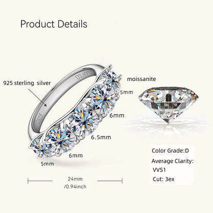 Ring Sparking D Colour 5 Stone 925 Silver. 3.60CTW Moissanite Gem.