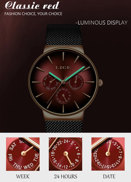 Men's Watch LIGE Fashion Quartz Watch Mesh Steel Waterproof Ultra-Thin