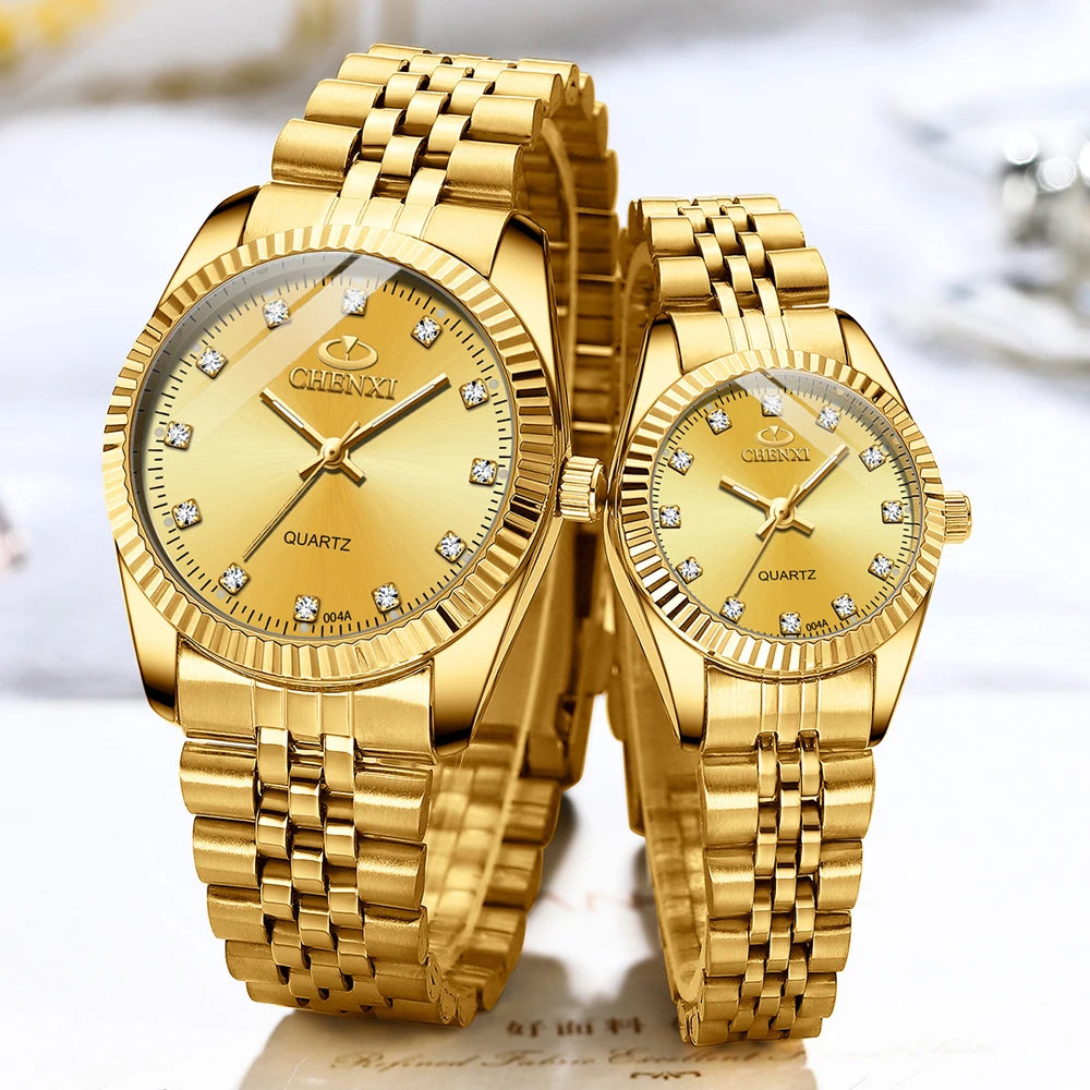 Men + Women Gold Quartz Movement Waterproof Stainless Steel Wristwatches