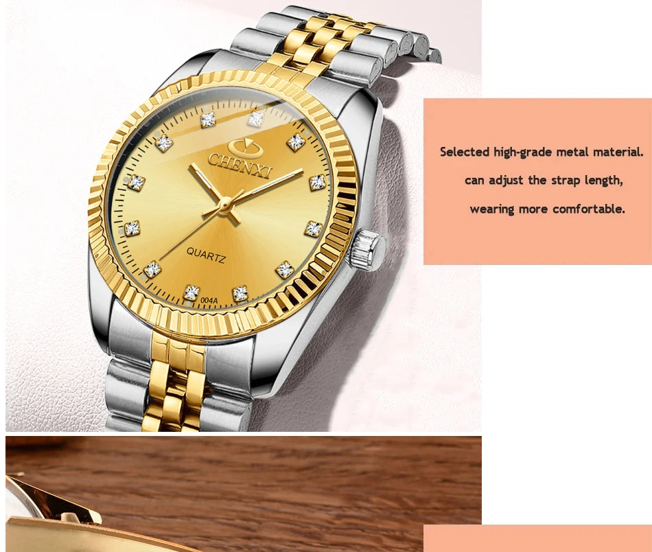 CHENXI Rhinestone Dial Golden Quartz Watch Stainless Steel + Waterproof