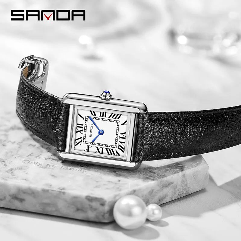 Quartz Watches Wear Resistant Leather Strap Square Dial by SANDA