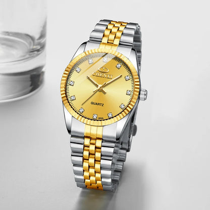 CHENXI Rhinestone Dial Golden Quartz Watch Stainless Steel + Waterproof