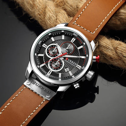 CURREN Mens Wristwatch Leather Sports Quartz Chronograph.