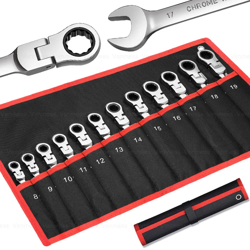 Spanner Set Chrome Vanadium Steel CR-V Flex-Head with Organizer Bag