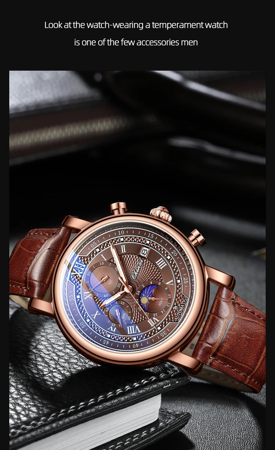 Men's Watch Chronograph Quartz Movement Genuine Leather Strap