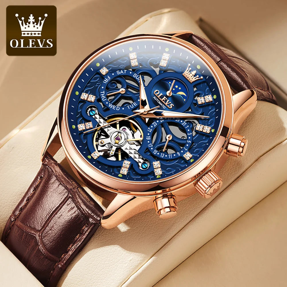 Olevs Men's Wristwatch. Moon Phase. Automatic Luxury Fashion Wristwatch.