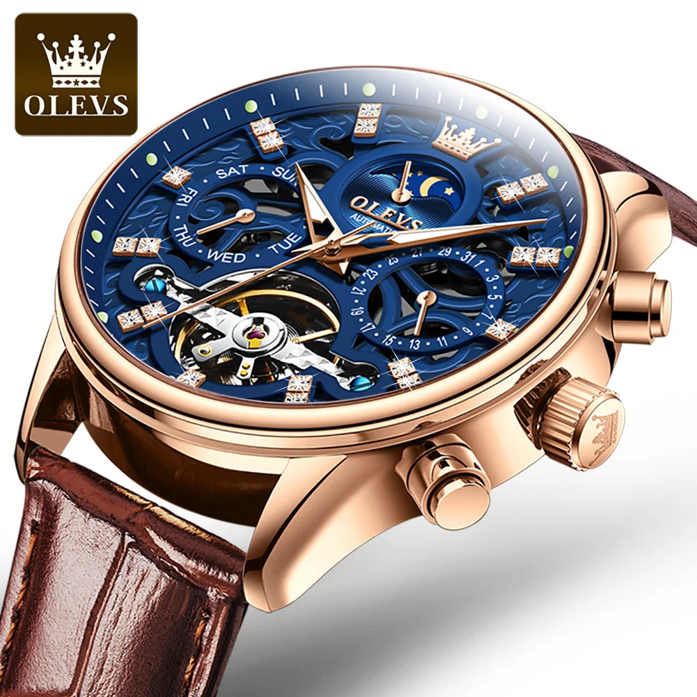 Olevs Men's Wristwatch. Moon Phase. Automatic Luxury Fashion Wristwatch.