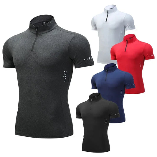 Sports T-Shirt Sportswear Short Sleeves Running Gym Compression Shirt + Zip