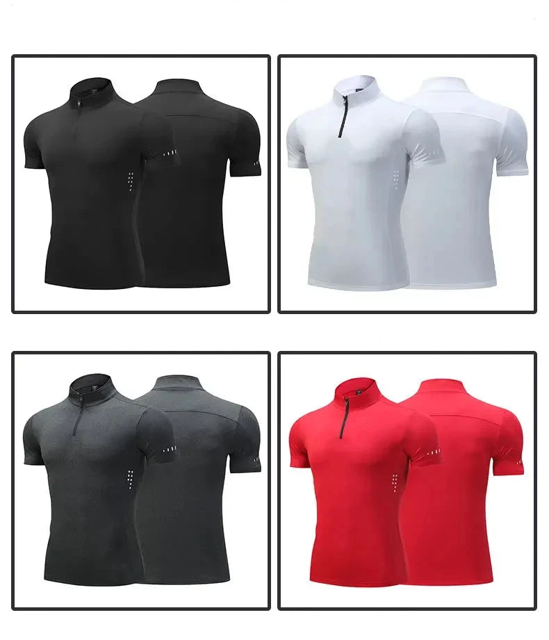 Sports T-Shirt Sportswear Short Sleeves Running Gym Compression Shirt + Zip