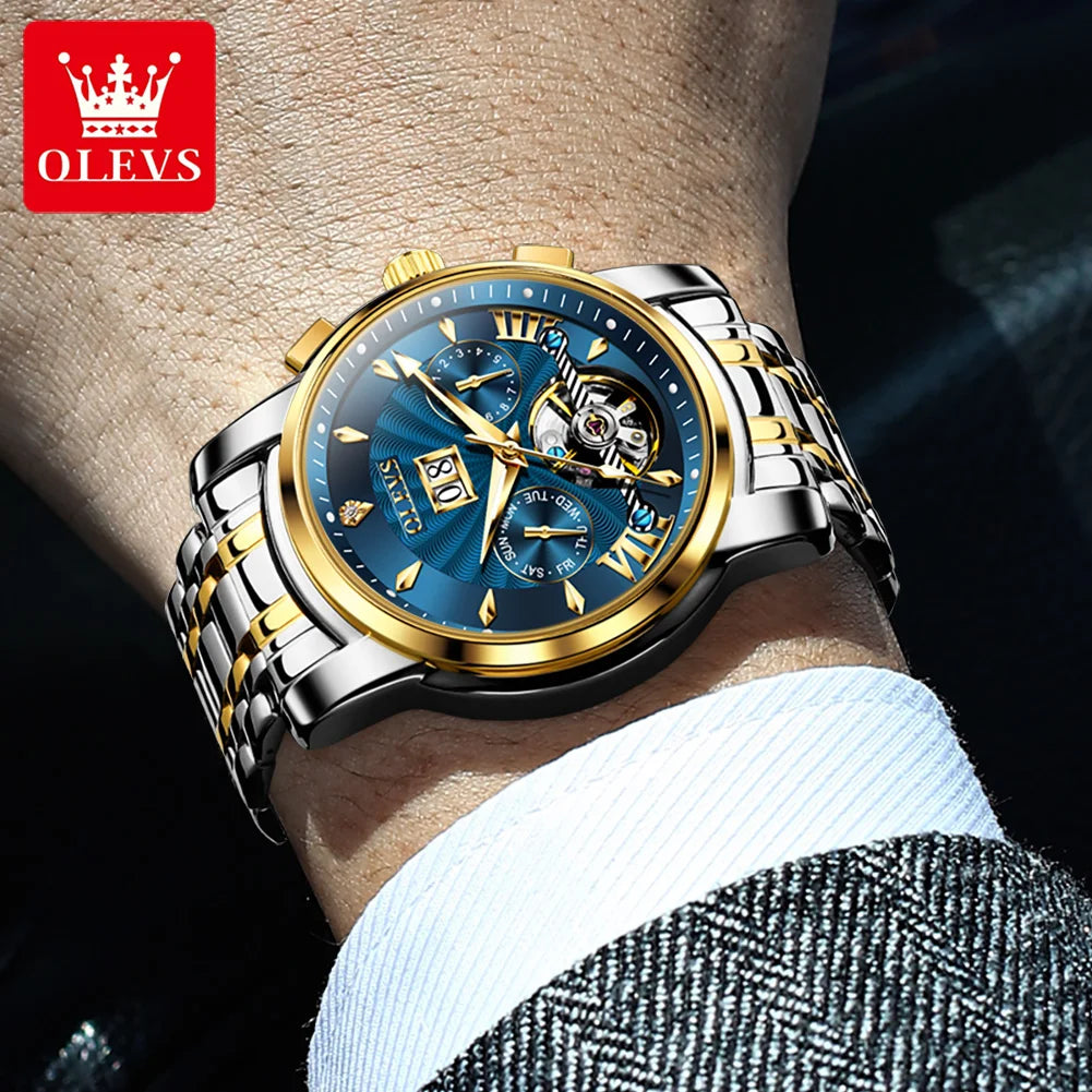 OLEVS Wristwatch for Men Skeleton Flywheel Mechanical Classic Calendar.