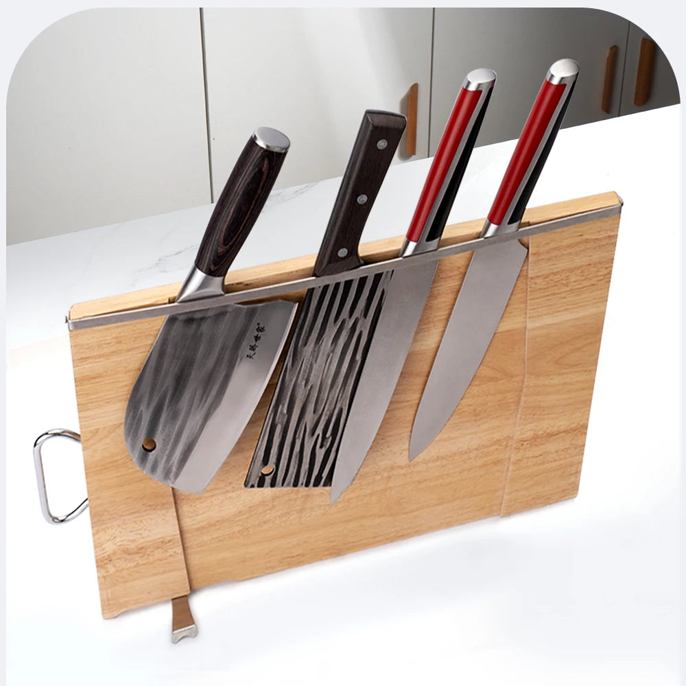 Vertical Rubber Wood Chopping Board Kitchen Chopping Block Double-sided Use Cutting Board with Hook Knife Rack Solid Wood Plate