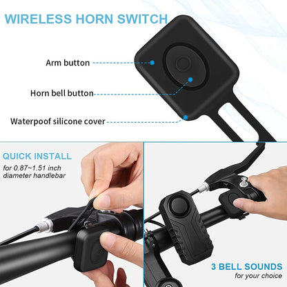 110dB Wireless Bicycle Horn Alarm with Remote Control IP55 Waterproof.