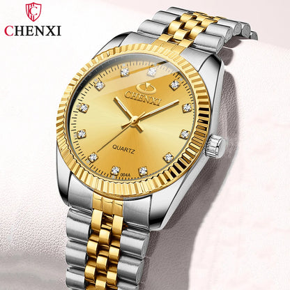 CHENXI Rhinestone Dial Golden Quartz Watch Stainless Steel + Waterproof