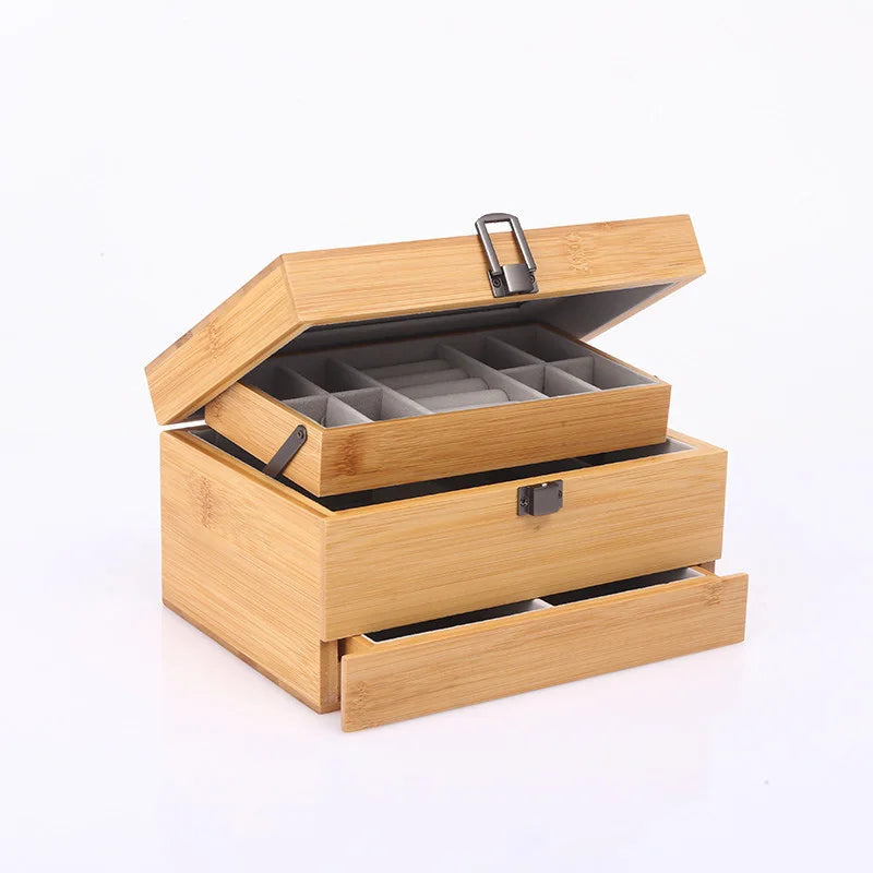 Bamboo Box, Jewelry Box Large Capacity Earrings Ring Jewelry Display.