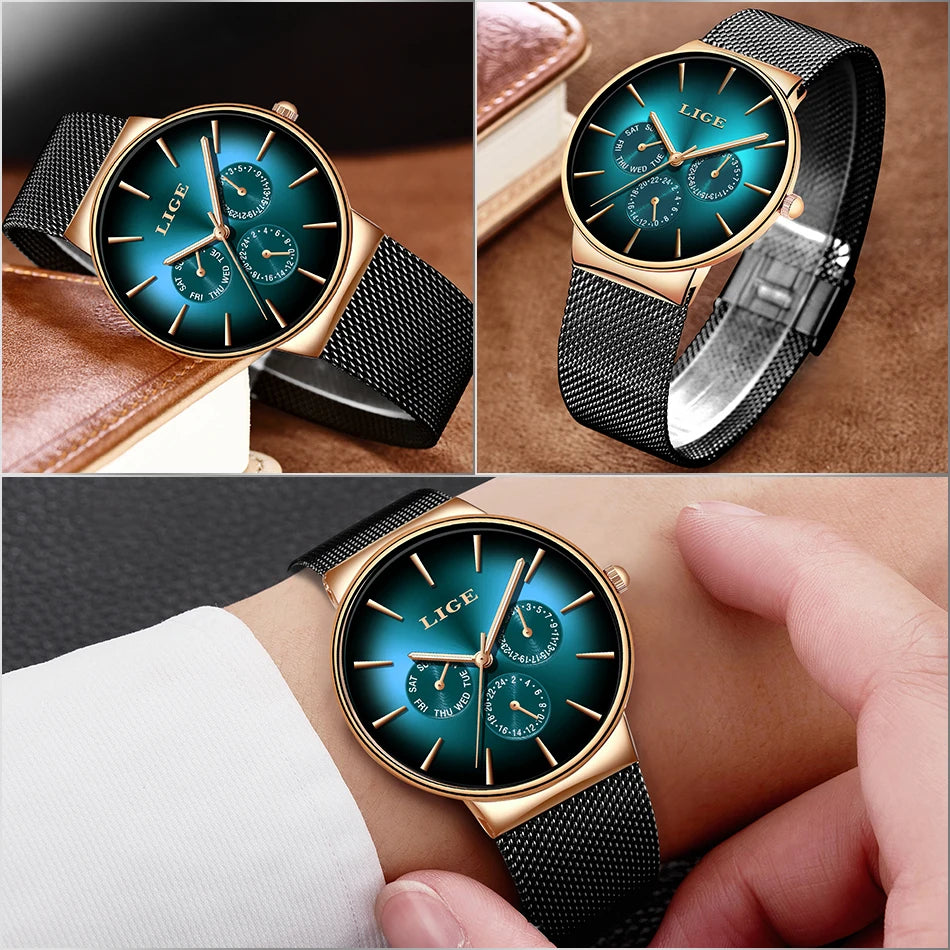 Men's Watch LIGE Fashion Quartz Watch Mesh Steel Waterproof Ultra-Thin