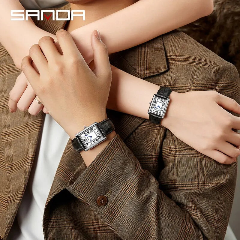 Quartz Watches Wear Resistant Leather Strap Square Dial by SANDA