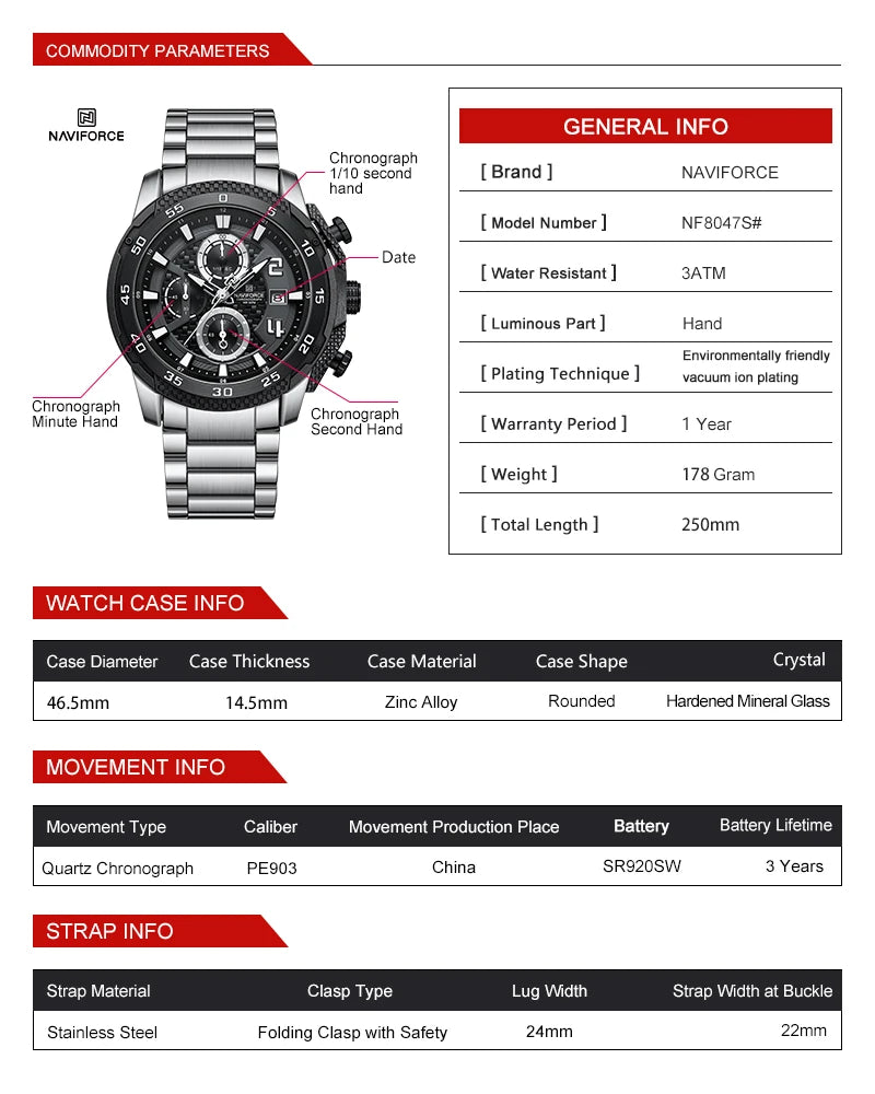 NAVIFORCE Men's Watch Quartz Stainless Steel Date Luminous NF8047S