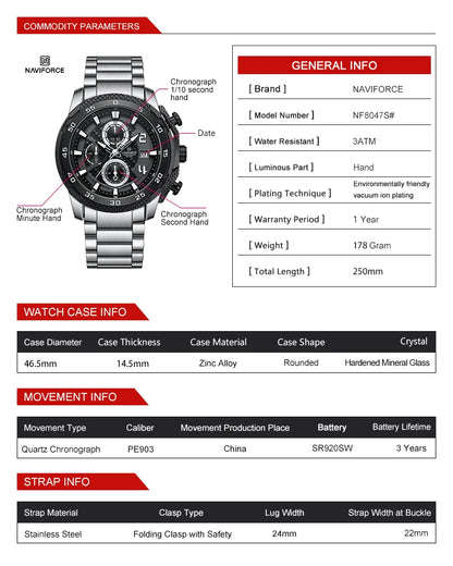 NAVIFORCE Men's Watch Quartz Stainless Steel Date Luminous NF8047S